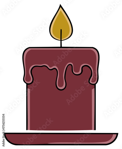 Dripping Candle with Flame on a Plate, Simple Illustration