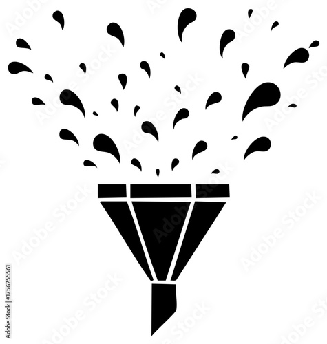 Funnel with liquid splashes. Abstract illustration of filtering, refining and processing.