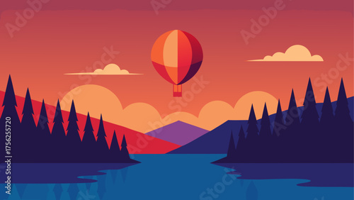 Landscape with balloon and forest at sunset