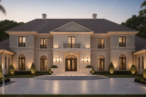 Luxuriöse Villa mit eleganter Beleuchtung und runder Einfahrt mit Brunnen bei Sonnenuntergang