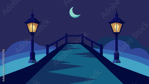Bridge at night with moon and streetlights