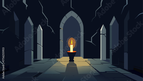 Candle illuminates a dark gothic chamber