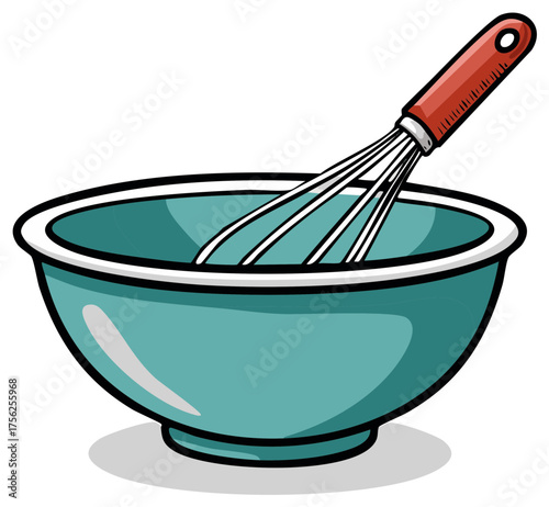 Teal mixing bowl with red whisk for blending food preparation cooking tasks