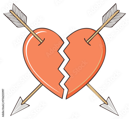 Shattered heart pierced by two arrows, symbol of broken love and relationship breakup.