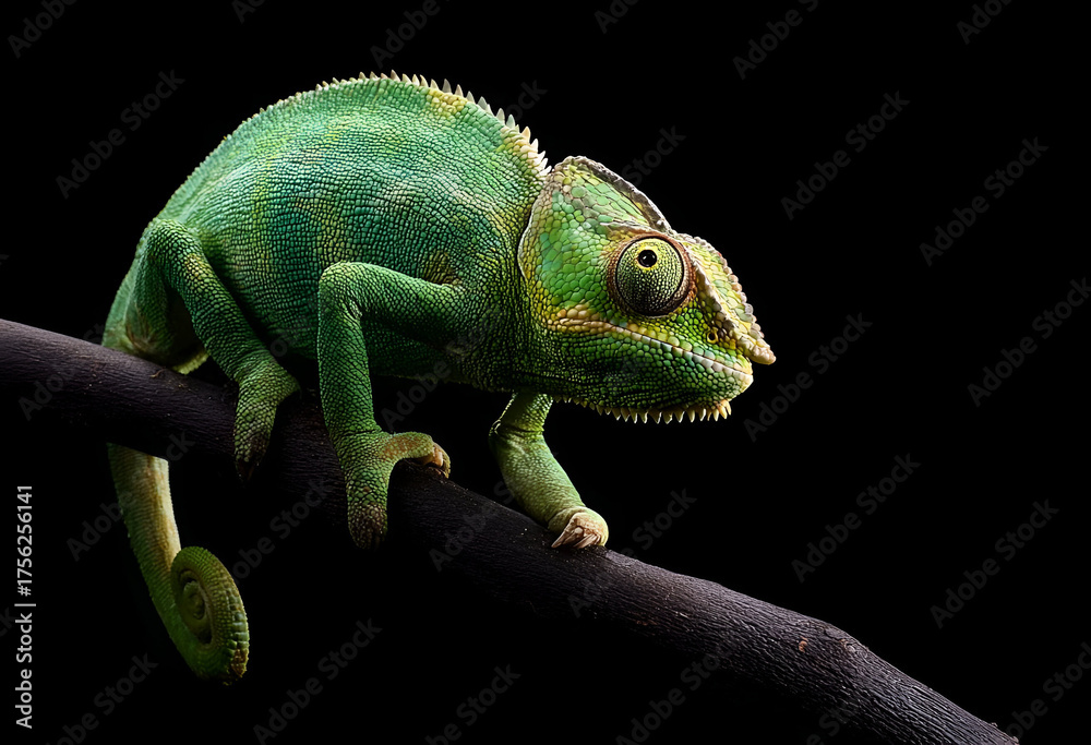 Fototapeta premium A vibrant green chameleon perched on a branch, showcasing its unique texture and color in a dark background.