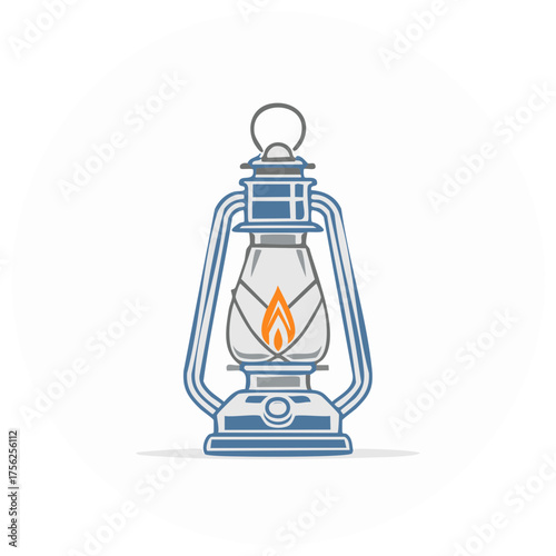 Vintage blue kerosene lantern with orange flame icon illustration