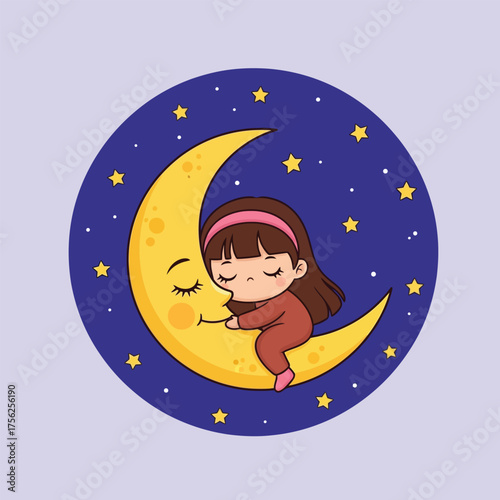 Girl peacefully sleeping on crescent moon surrounded by stars, cute dreamy cartoon vector