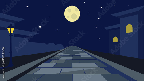 Night scene with moon stars and streetlamp