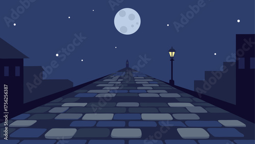 A night scene with a cobblestone street