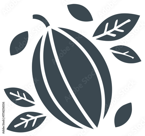 Cocoa pod graphic icon with leaf accents - food ingredient representation illustration