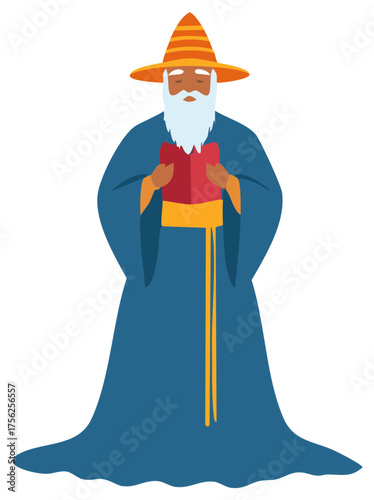 Mystical wizard reading ancient spellbook wearing robe and hat illustration