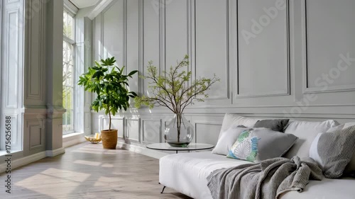 A large, white couch sits in a large, open living room with a large window. The room is decorated in a modern style with a few potted plants and a vase. The couch is covered in a gray blanket