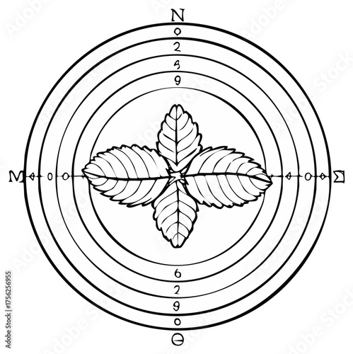 Stylized compass rose with leaves and celestial symbols