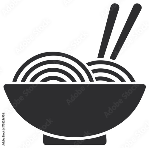 Minimalist black vector icon of a noodle soup bowl with chopsticks, an Asian cuisine symbol