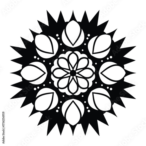 Black and white symmetrical floral mandala design with sharp outer points vector