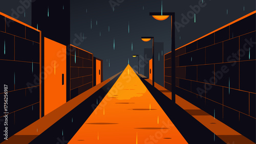Illustration of a rainy street at night