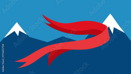 Red ribbon floating over snowy mountains