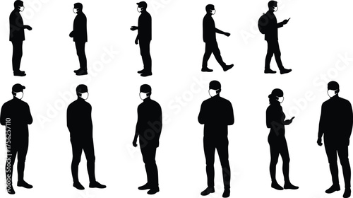 Wallpaper Mural Masked individuals silhouette cartoon illustration, public behavior and health precaution concept artwork for lifestyle, urban, and symbolic design Torontodigital.ca