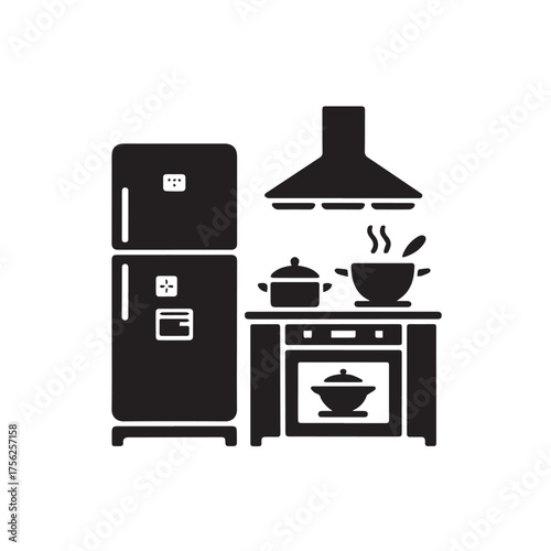 Vector art of modern kitchen interior with refrigerator, stove, and cooking pots