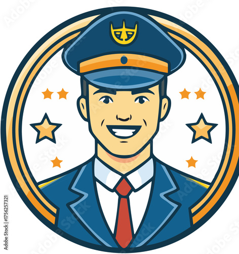 Smiling Cartoon Conductor Illustration in Round Frame with Stars. Uniformed Man, Captain Character, Flat Design.