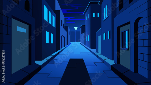 Cartoon street view at dark blue night time