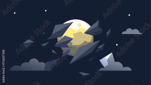 Full moon with clouds and rock fragments