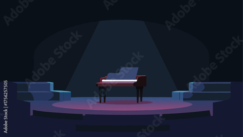 Piano on stage under spotlight in dark room