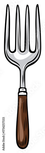 Four Tined Kitchen Utensil With Wood Handle Vintage Style Drawing