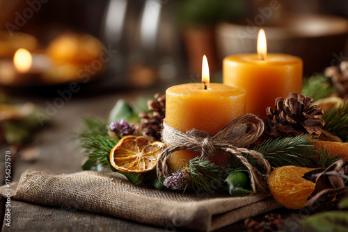 Second Advent Sunday – Two Candles Lit in Traditional Christmas Wreath with Citrus and Pinecones. AI generative.
