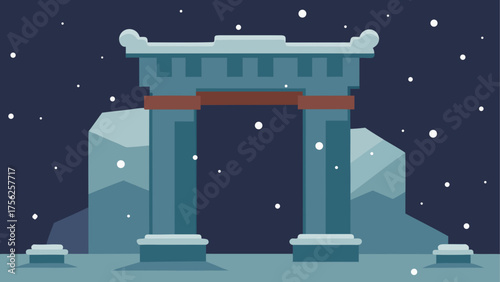 Winter scene with stone archway and snow