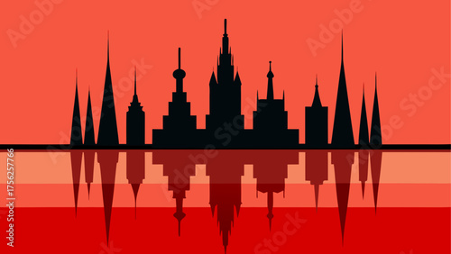 Silhouette of city skyline with reflection