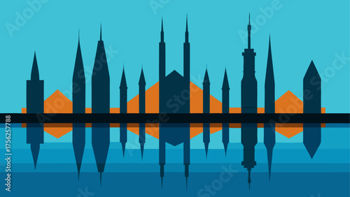 Skyline silhouette reflecting in the water