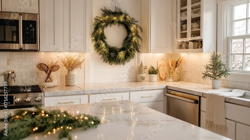 Modern white kitchen with marble island, LED lighting, a gas stove, and festive wreaths with fairy lights, creating a cheerful holiday cooking space