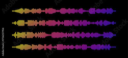 Colorful podcast sound wave set with gradient from yellow, pink to purple on black background. Audio visualization bars in different rhythmic patterns for music, radio and voice recording interfaces.