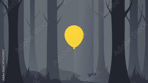 Yellow balloon in the dark forest scene