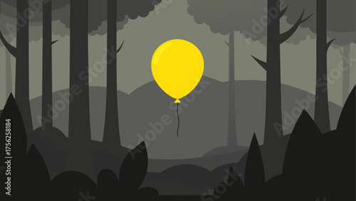 Yellow balloon floats through dark forest
