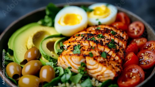 A bowl of food with a variety of ingredients including salmon, tomatoes, and olives. The dish is colorful and appetizing, and it looks like a healthy meal