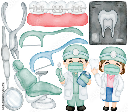 Cute watercolor dentist clip art illustration with dental chair tooth xray dental tool orthodontic brace floss pick and dentist character element in decorative handdrawn medical design