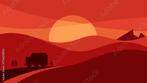 Silhouette truck on desert at sunset view