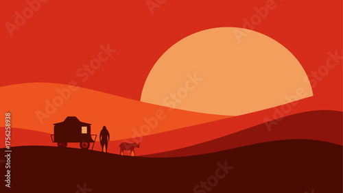 Silhouette of desert landscape with wagon