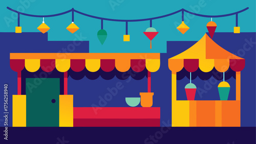 Illustration of market stalls with lights