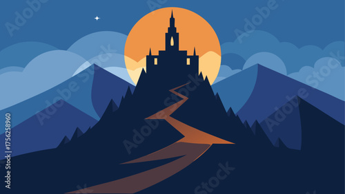 Silhouette castle on mountain at nightfall