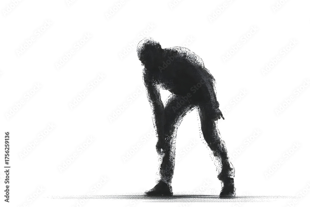 Fototapeta premium Athletic figure silhouette bending over exhausted after intense physical activity isolated on transparent background