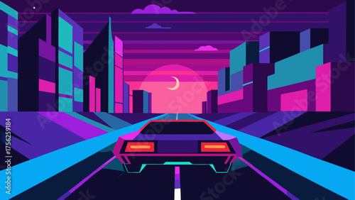 Retro car driving through neon city night