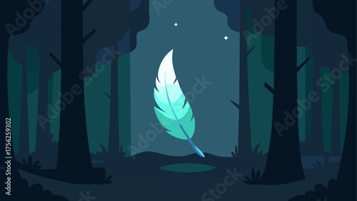 Floating feather in a dark forest scene