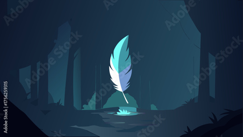 Feather in a dark forest illustration