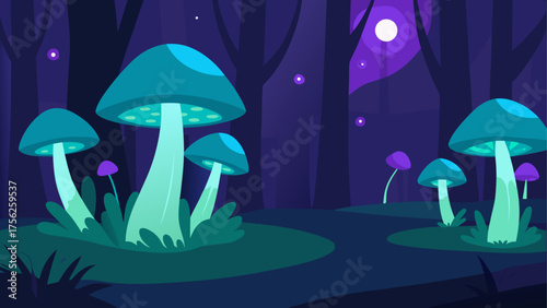 Mushrooms in a magical night time forest