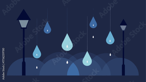 Raindrops falling under the street lamps