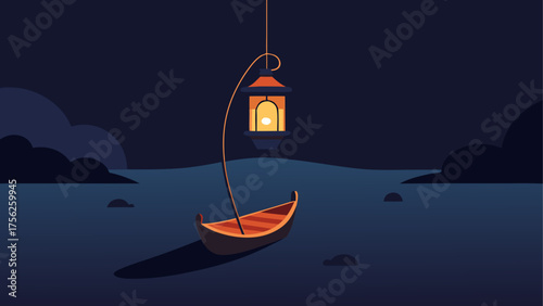 Boat and lantern in the dark of the night