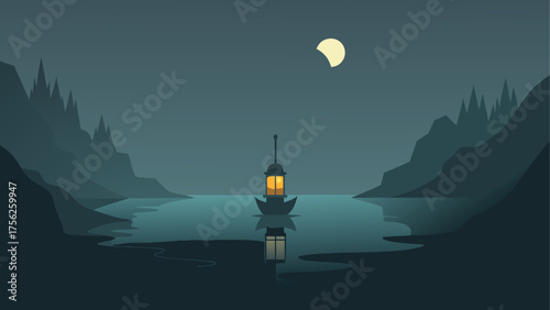 Boat with lantern under moonlit landscape